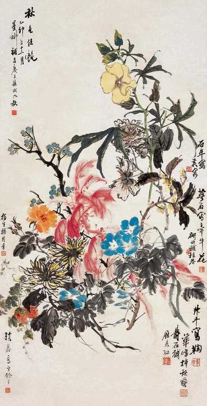 倪田 金梦石等 乙卯（1915年）作 花卉 立轴